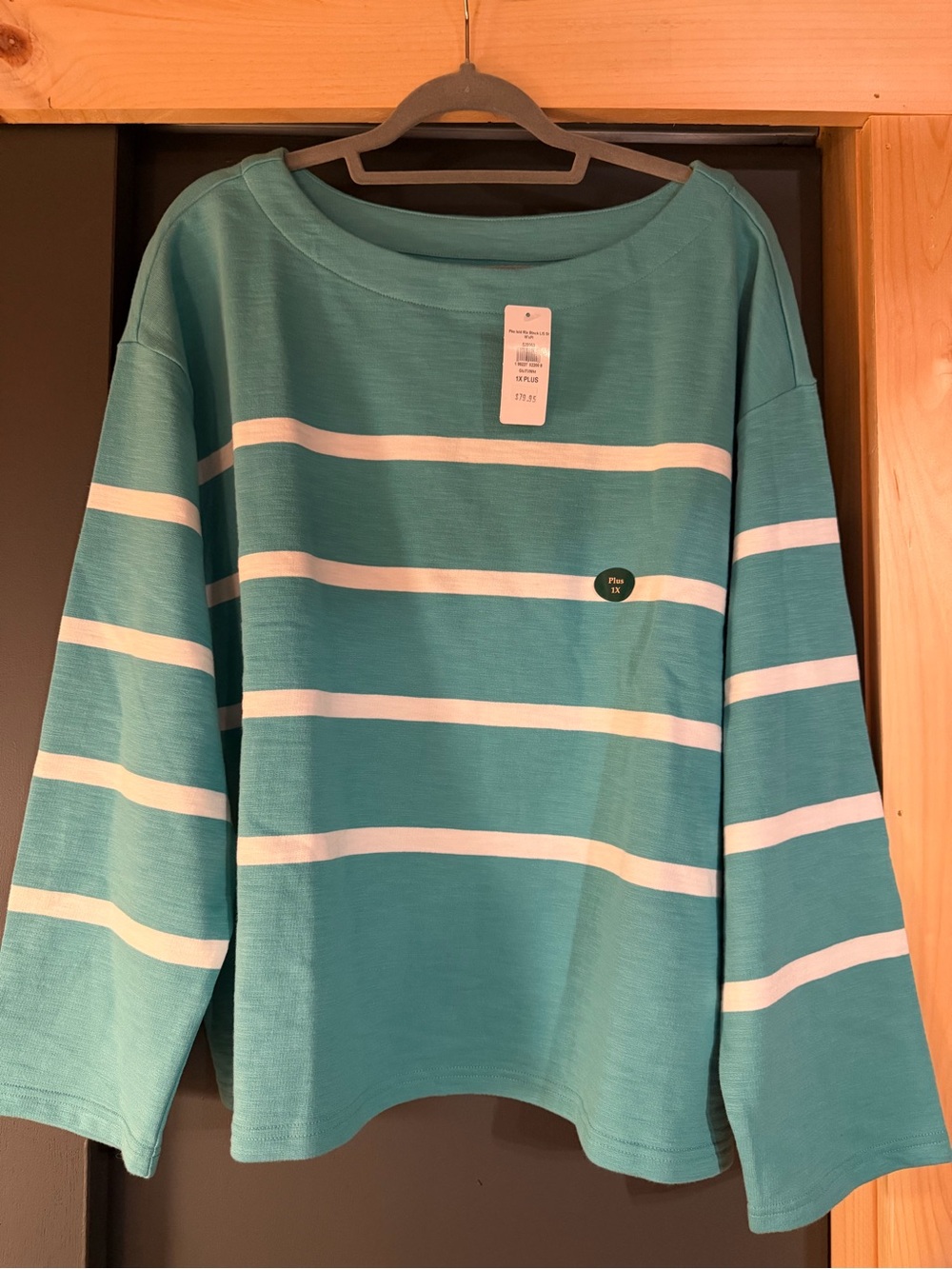 L.L. Bean Peak Island Boatneck Teal and White Striped Long Sleeve Top - 1X